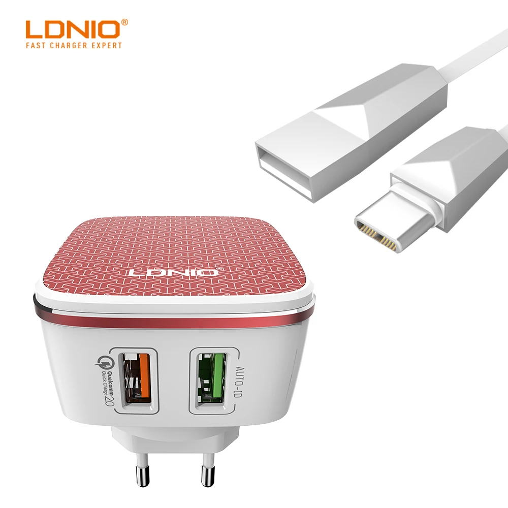 

LDNIO A2405Q US Plug White And Red Color Dual USB Wall Charger With one QC2.0 Fast Charging Port For Samsung Cell Phone