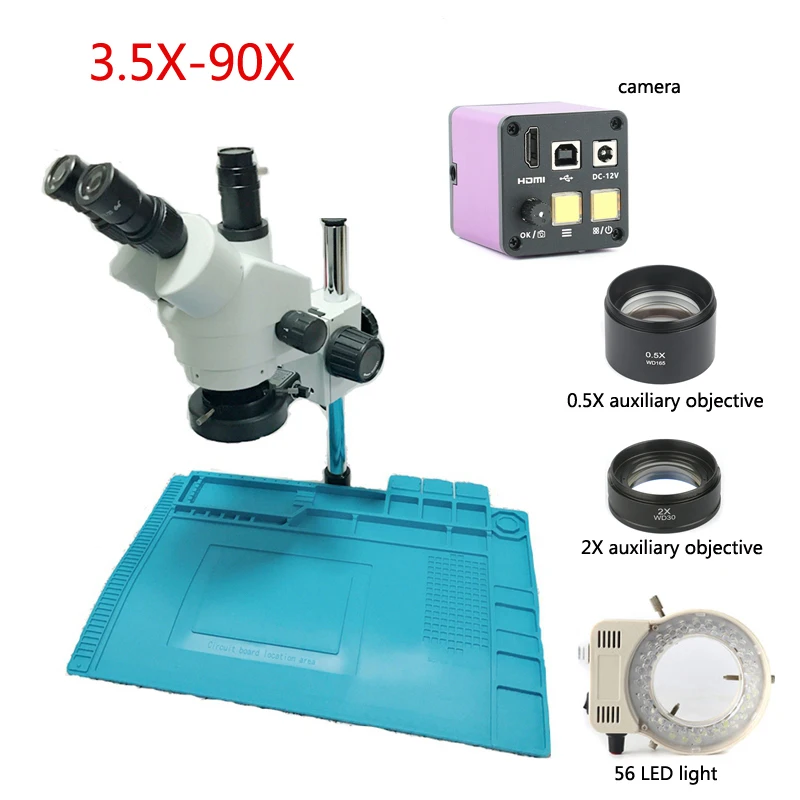 

3.5X-90X trinocular stereo microscope continuous zoom + 14MP HDMI microscope camera camera + large bracket, repair welding