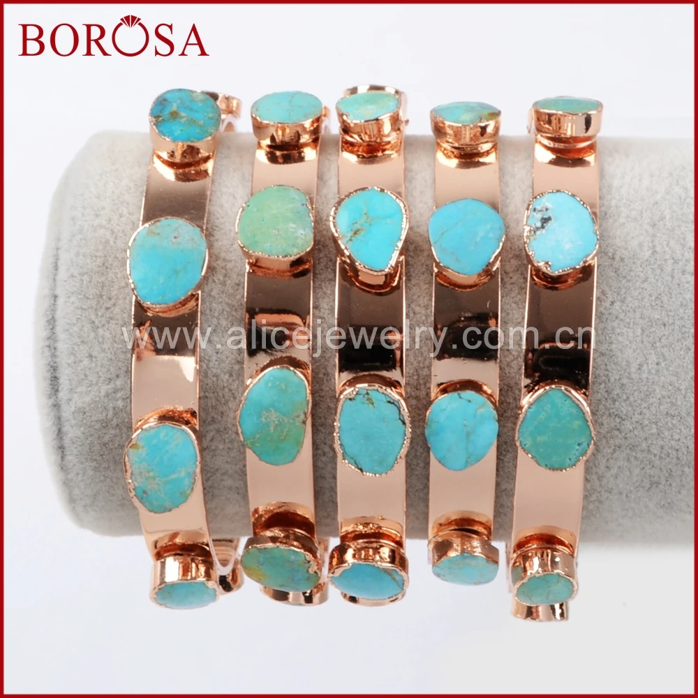 BOROSA 3/5PCS Fashion Rose Gold Color Seven Natural Turquoises Bangle Blue Stone Gems Bracelet Jewelry for Women R1341 | Украшения и
