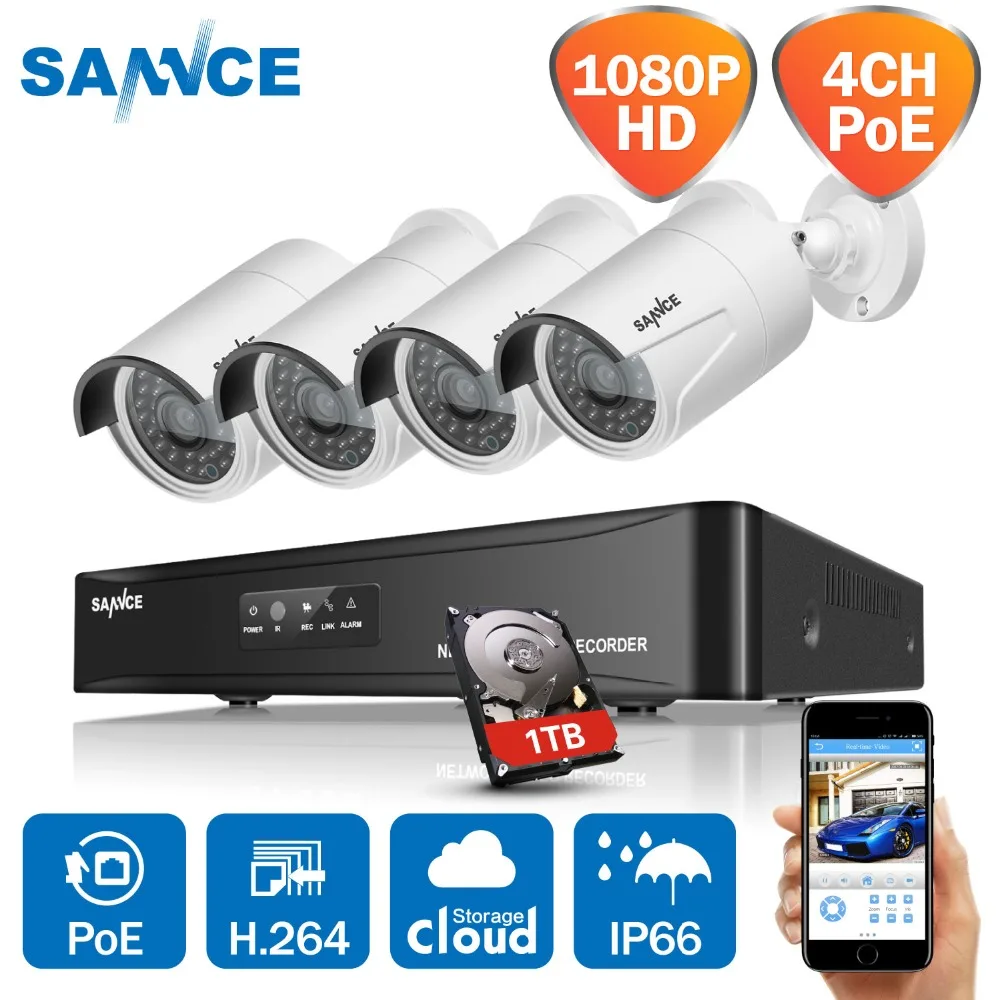SANNCE 4PCS HD 1080P Metal Indoor Outdoor 100ft IR 2MP CCTV Home Security Camera