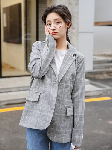 

Woman 2019 Autumn Vintage British Plaid Thin Suit Long Sleeve Loose Coat Student Suit