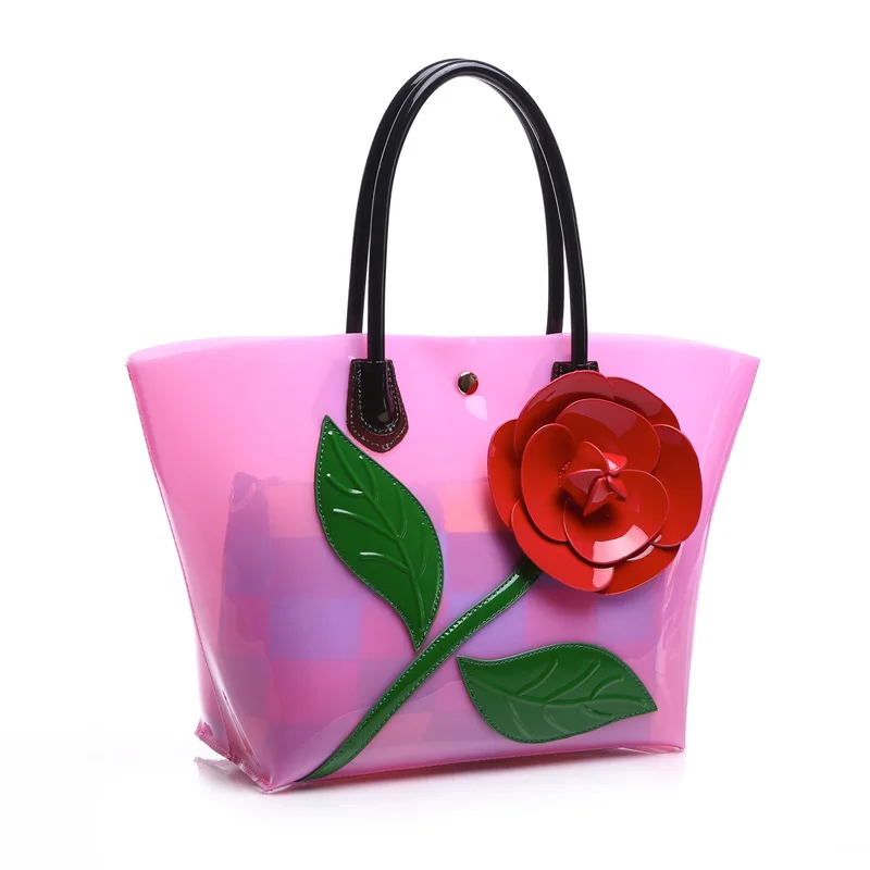 caker beach bag floral transparent bag clear pvc plastic totes handbag pink women summer candey ...