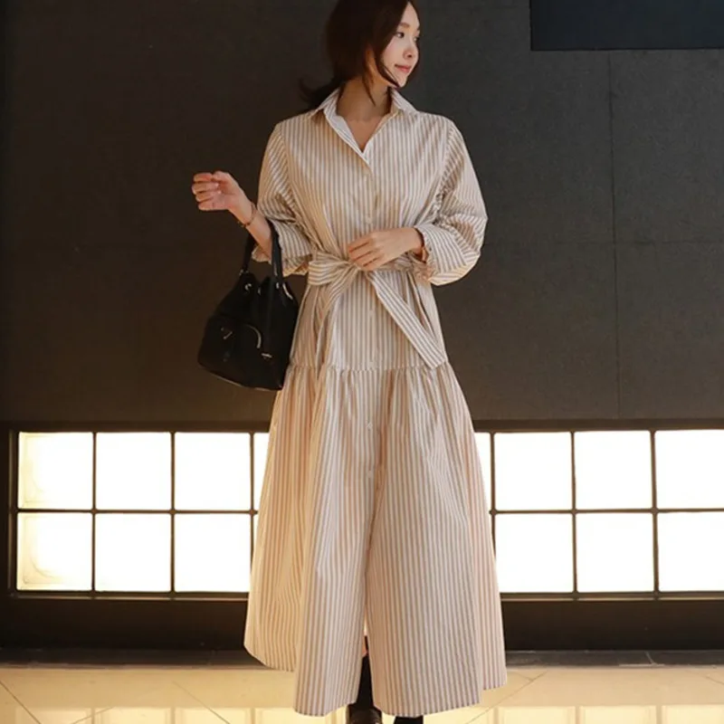 

[EWQ] 2019 Fashion New Fashion Lapel Stripe Shirt Type Dress Long Section Casual Hot Sale Trendy Autumn Bow Clothes BE577