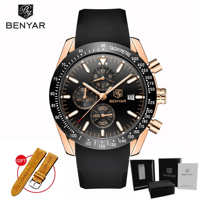Мужские наручные часы s BENYAR, кварцевые часы с хронографом, Relogio Masculino, новинка, Топ бренд, Роскошные военные часы с силиконовым ремешком - Цвет: Gold Black