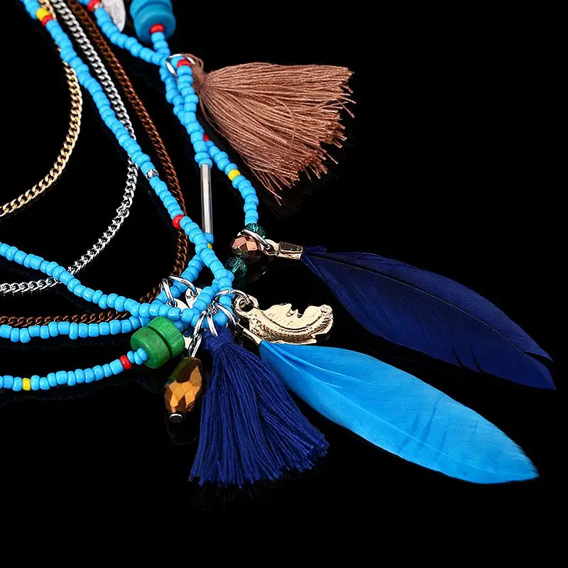 Новые многоцепные бусы ручной работы богемное ожерелье с перьями с фабрики