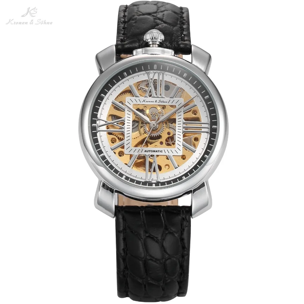 KS Brand Skeleton Automatic Mechanical Watches Cabochon Coins Shape Crown Black Leather Band Male Men Self