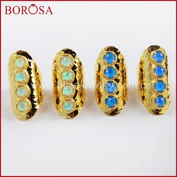 

BOROSA 5PCS Fashion Gold Color Bezel Round Four Opal Faceted Band Bar Ring Japanese Opal Man-made Opal Bang Rings Jewelry ZG0340