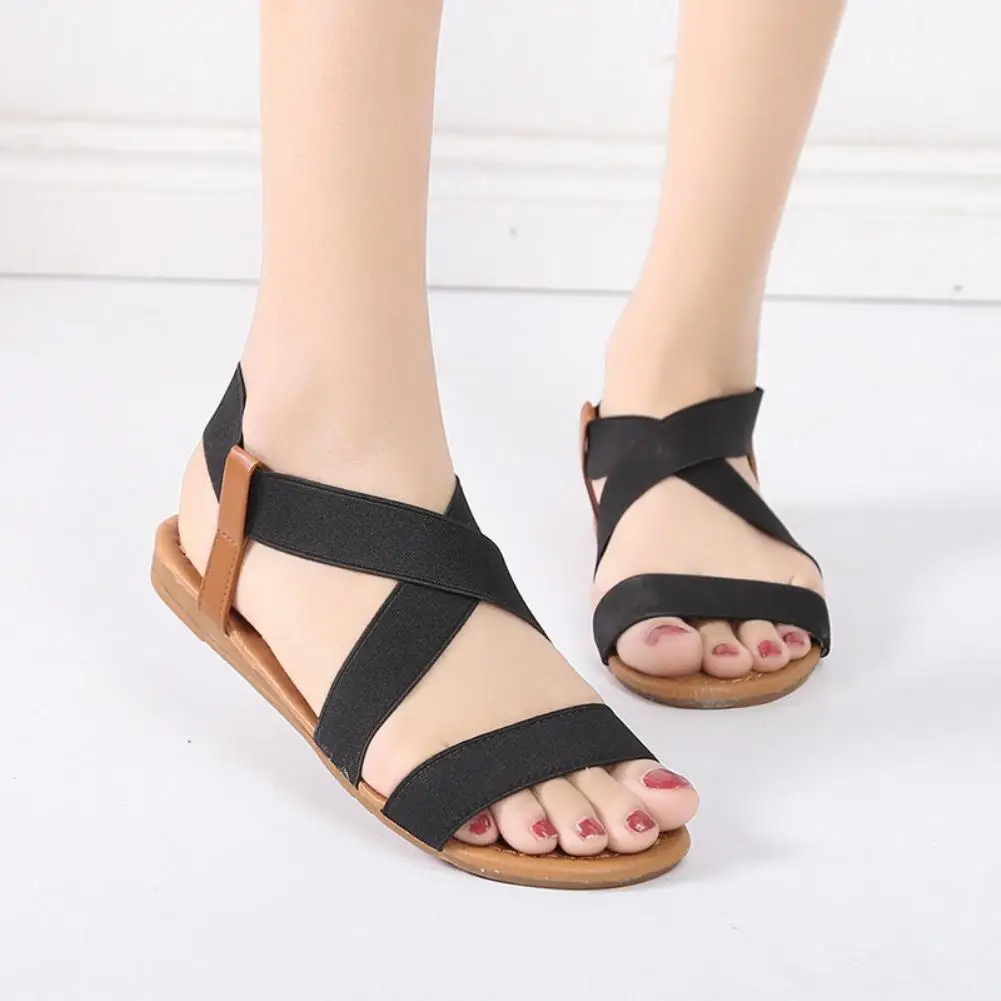 

Casual Summer Women Leather Elastic Cross Strap Peep Toe Flat Sandals Shoes