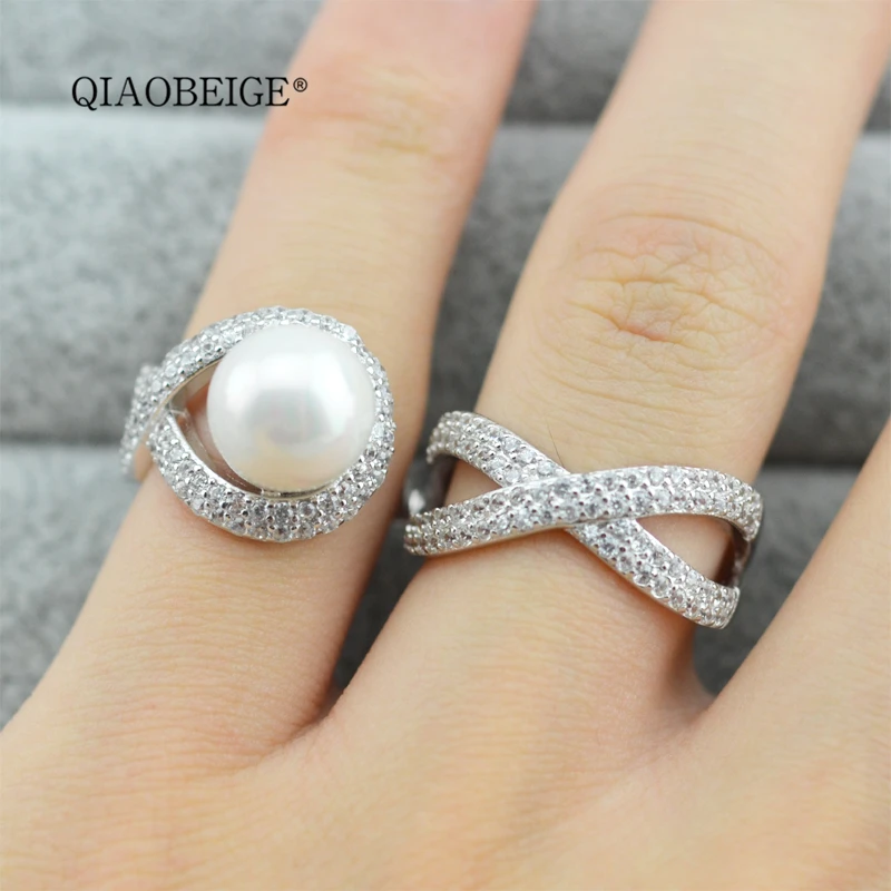 

QIAOBEIGE 1pc Solid 925 Silver Ring Mounting for Bead Shiny Gem-studded two fingers double Large Ring Pearl Fitting Accessory