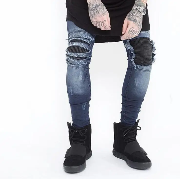 Skinny Jeans Men Ripped White Black Slim Stretch Hole Distressed Mens Biker Jeans Medium Wash Streetwear Hip Hop Pants Jogger