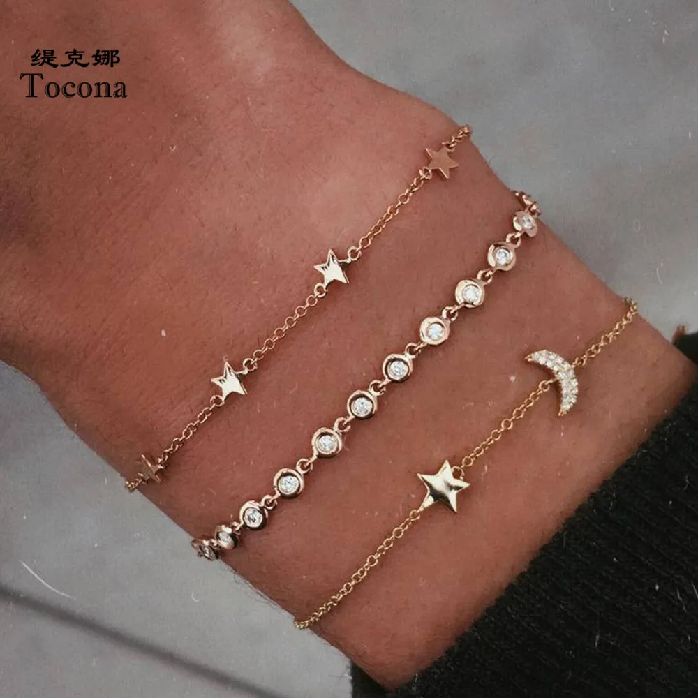 

Tocona 3 Pcs/set New Arrival Popular Boho Gold Color Bracelets Moon Star Shape Shiny Crysral Chain Jewelry Women Ladies C17304