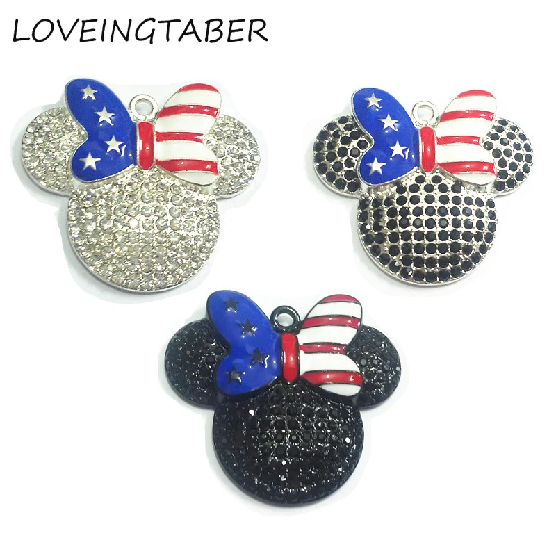 

( Choose Color First ) 42mm*38mm 10pcs/lot Minnie With Bow Rhinestone Pendants For 4th of July Necklace Making