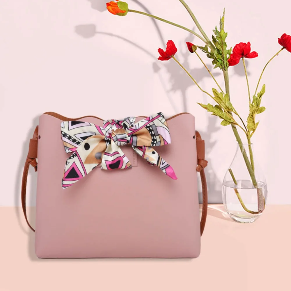 

Women Bowknot Cute Bags Bucket Leather Shoulder Sling Bags Girl princess Scarf Drawstring Handbags Fashion Ladies Crossbody Bag