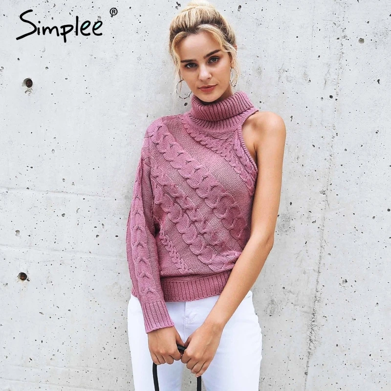 Simplee الياقة المدورة واحد الكتف محبوك سترة المرأة الأزياء تويست البلوفرات الإناث مثير الخريف الشتاء سترة شارع العليا 2018