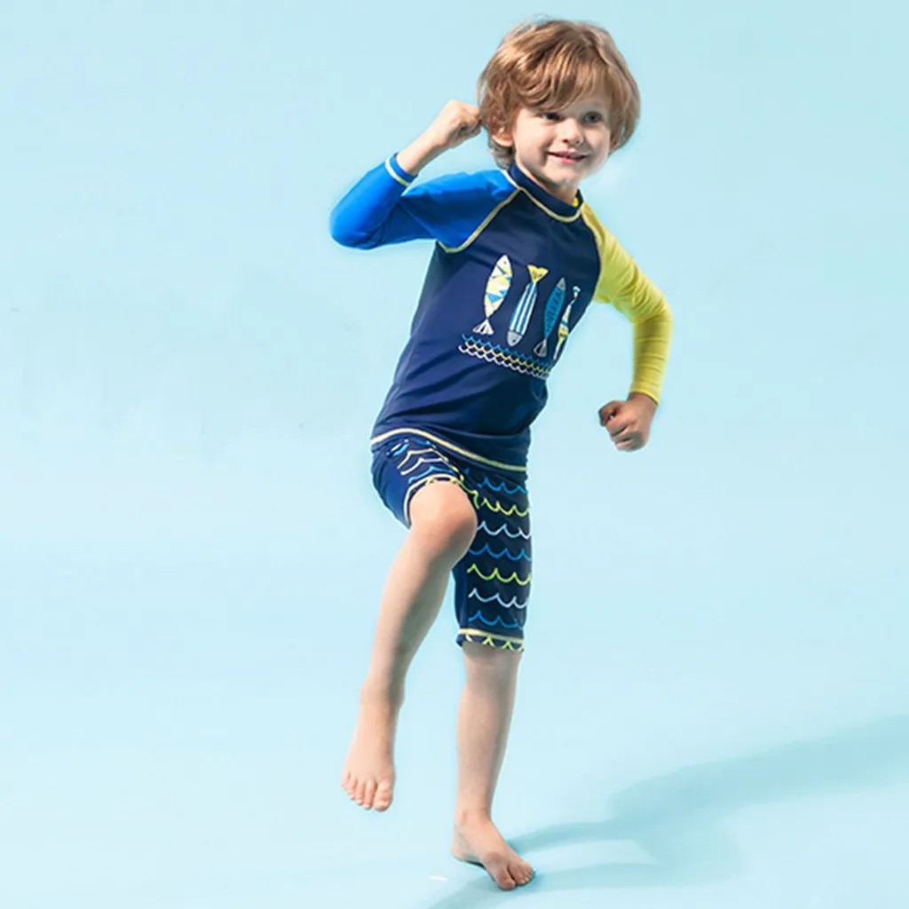 

Children Boys Girls Clothes Cartoon Fish Tops+Wave Shorts+Hat Sunsuit Swimwear Sets kids swimwear uv protection kid clothes 2019
