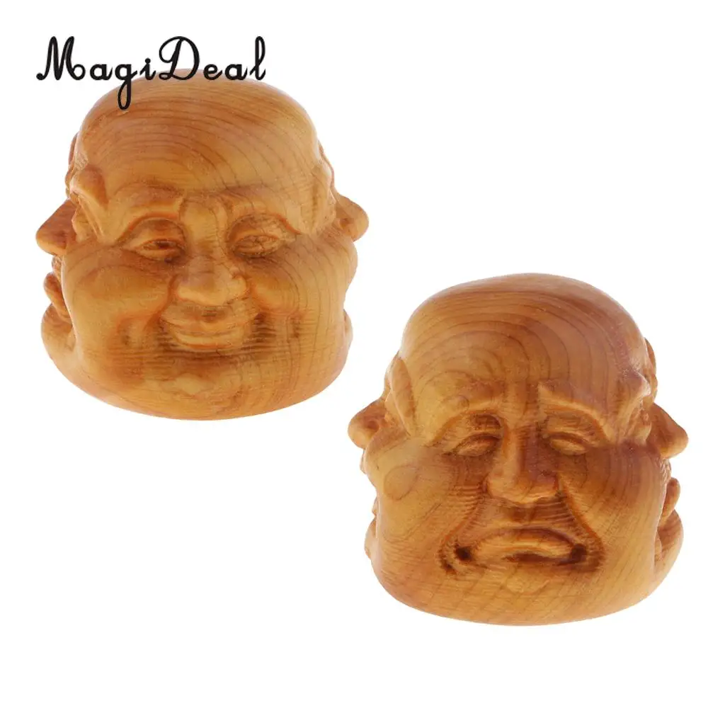 2pcs Buddha Head Statue Wooden Sculpture Figurine Mini Home Decor