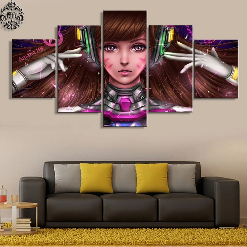 

Game Printed Poster 5 Panel Overwatch D.VA Wall Art Painting Modern Canvas Printed Home Decor For Living Room Artwork Cuadros