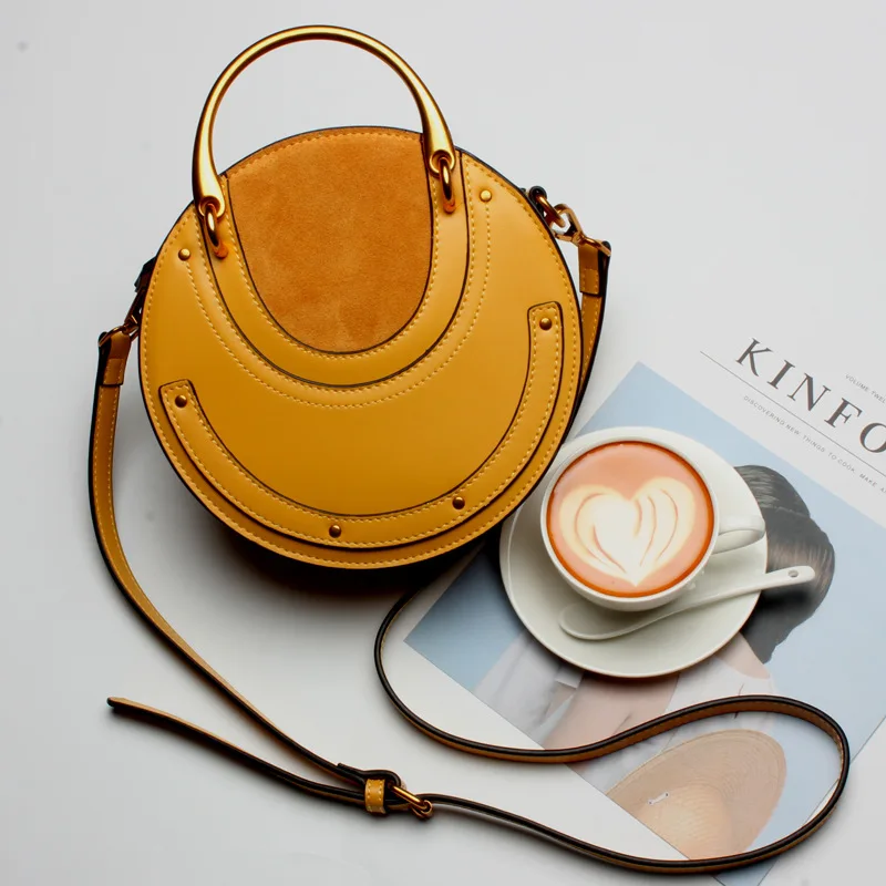 Vintage loading and unloading handle round women leather handbags rivet decorative frosted calf leather women messenger bags