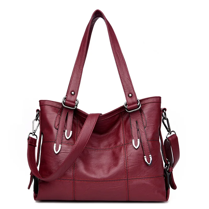 

Female Big Tote Bags for Work Fashion Soft Pu Leather Casual Shopping Shopper Thread Purple Black Luxury Hand Bag for Women Gift