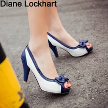 Популярные летние туфли-лодочки женская обувь на толстом каблуке с бантиком красивая обувь с открытым носком на высоком каблуке 9 см, женская обувь, размер 32-45