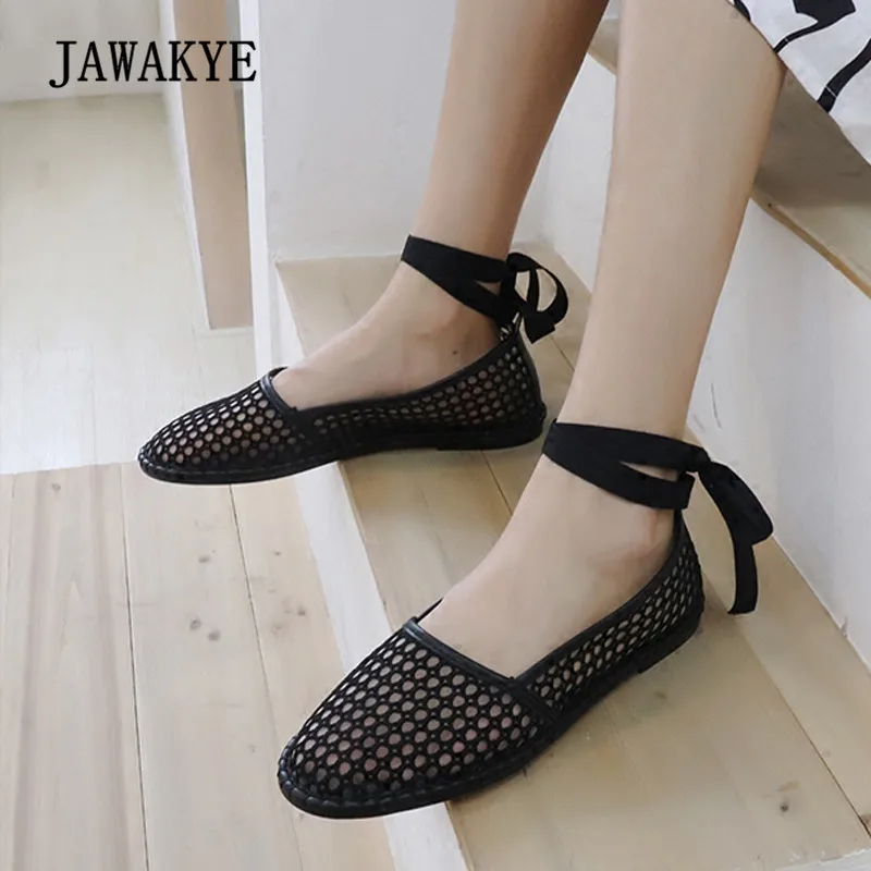 

2018 Sexy Bandage Mesh Shoes Woman Round Toe Rhinestone Flat Shoes Women Black White Ballet Shoes