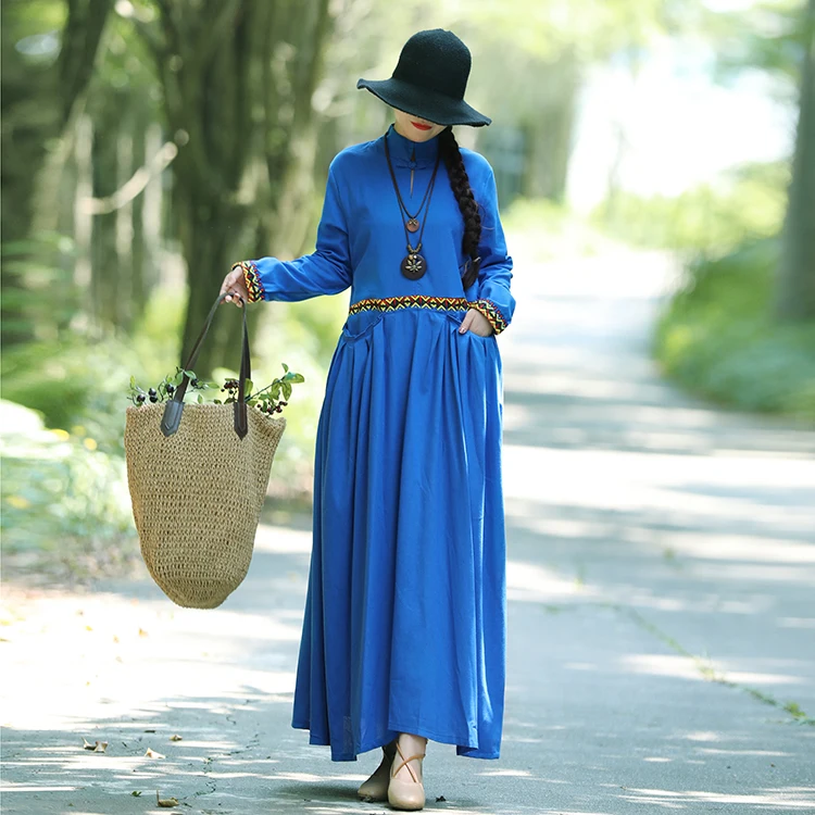 

Literary Ethnic Women Embroidery Buckle Cotton LinenTurtleneck Dress Femme Full Sleeve Loose Boho Beach Desert Dress Vestidos