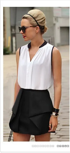 Splicing dress v-neck bump color sleeveless chiffon unlined upper garment of big yards |