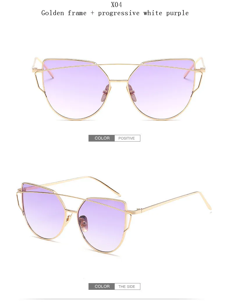 New Cat Eye Sunglasses Women Brand Designer Fashion Twin-Beams Rose Gold Mirror Cateye Sun Glasses For Female