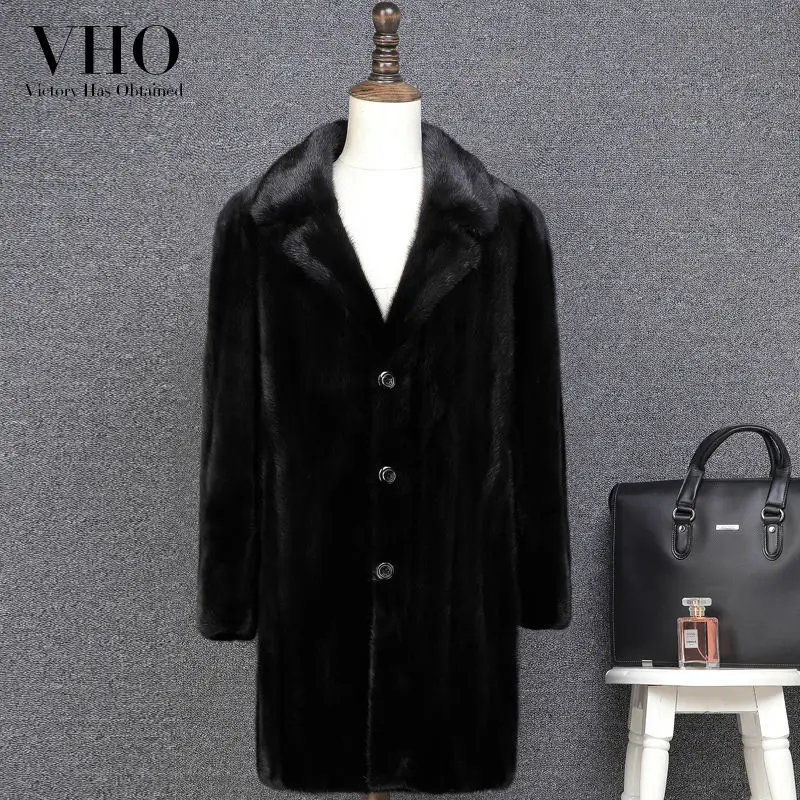 

VHO mink fur coat Over the knee natural men's genuine leather jackets coats of mink fur plus long fashion luxury warm real fur