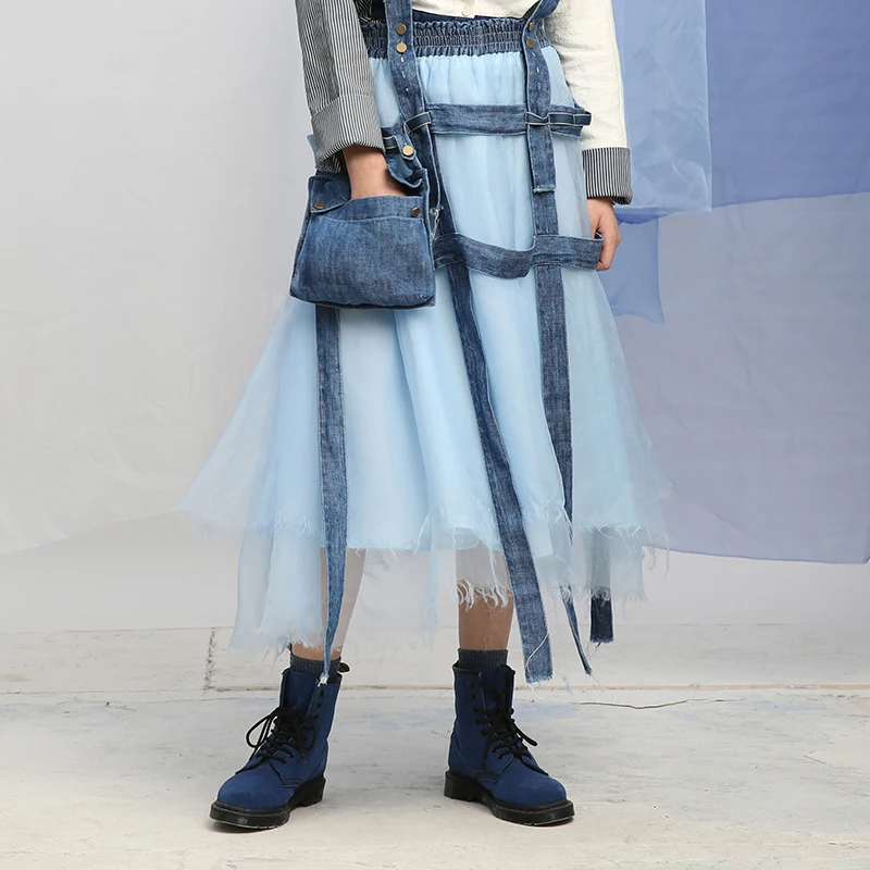 Faye's winkel originele ontwerp nieuwe collectie 2018 elastische taille losse een lijn midi lange denim patchwork zijden rok vrouwen Faye's winkel originele ontwerp nieuwe collectie 2018 elastische taille losse een lijn midi lange denim patchwork zijden rok vrouwen