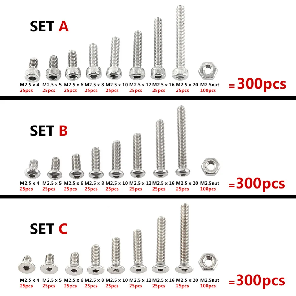 300 шт./компл. M2.5 винтов гаек A2 Нержавеющая сталь Шестигранная нарезной болт гайка Деревообрабатывающие инструменты крепежа