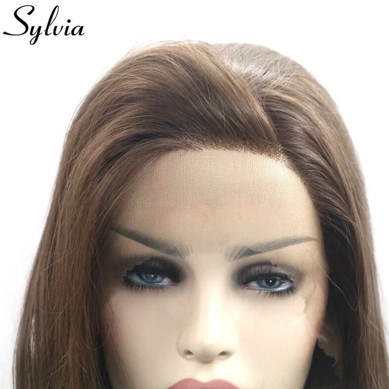 Sylvia 6# натуральный коричневый шелковистые прямые синтетические Синтетические волосы на кружеве парики боковой пробор термостойкие волокна волос для женщин