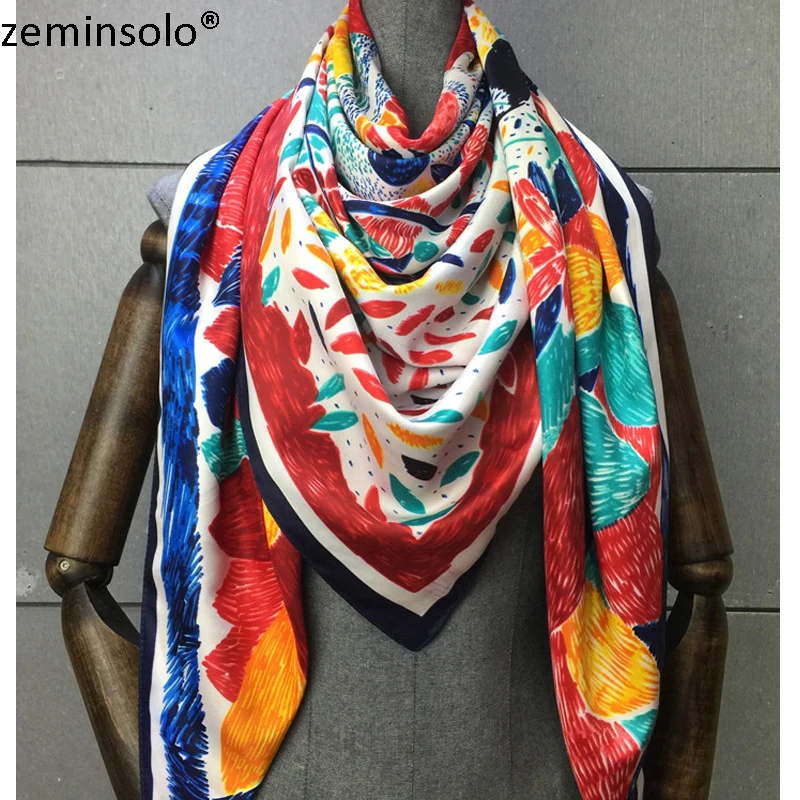

100% Silk Scarf Women Scarves Printed Plaid Scarf 2019 130*130cm Foulard NeckerChief Bandana Shawls Large Square Silk Scarves