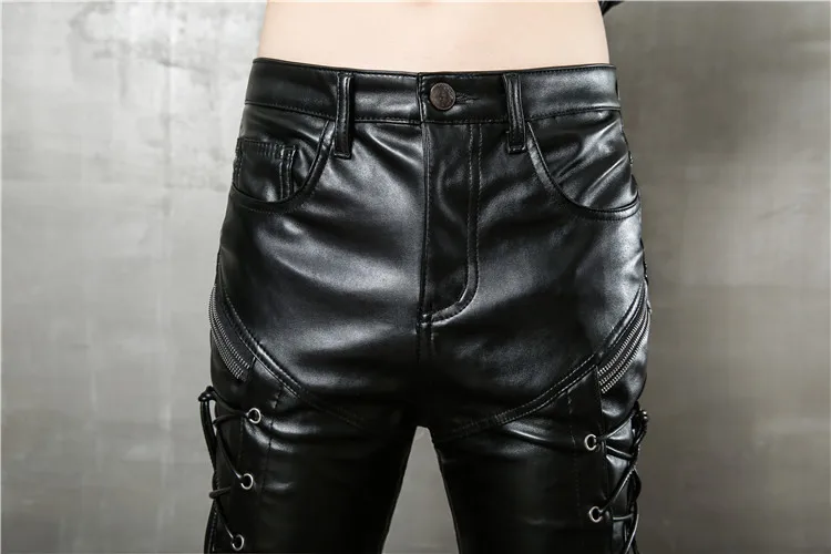 New Fashion Personality 2018 Men Pu Faux Leather Skinny Pants Motorcycles Appliqued Leather Trousers For Male Size 29-36 (7)