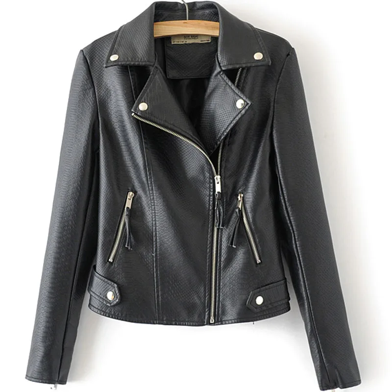 

Serpentine PU Locomotive Lapel Long Sleeve Zipper Slim Women's Jacket 2019 Autumn New Slim Fashion Black Female Coat Harajuku