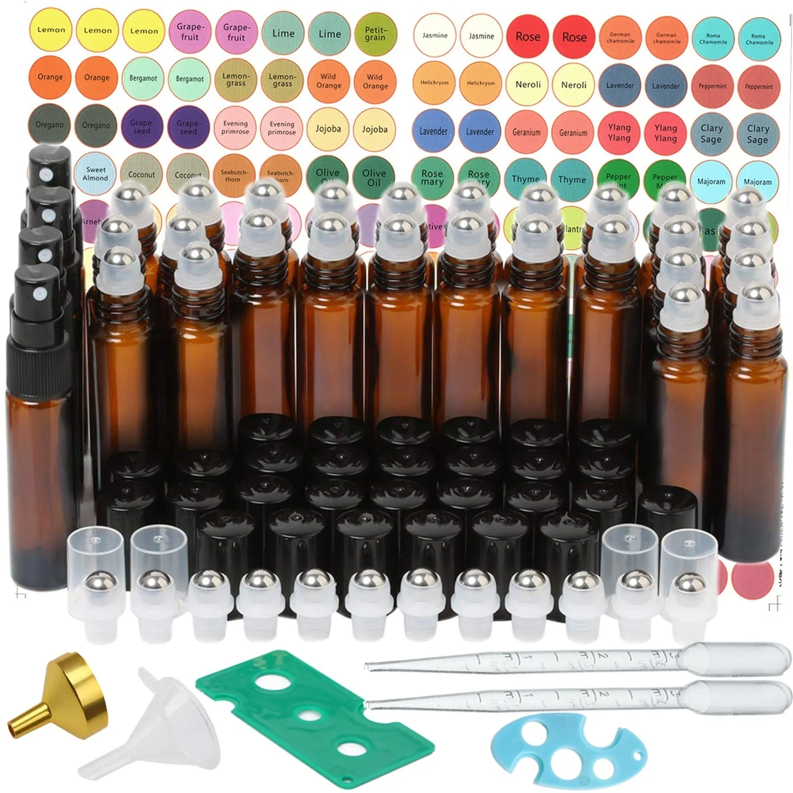 

30 Pack Essential Oils Amber Refillable Glass Containers Roller Bottles include Glass Spray Bottles