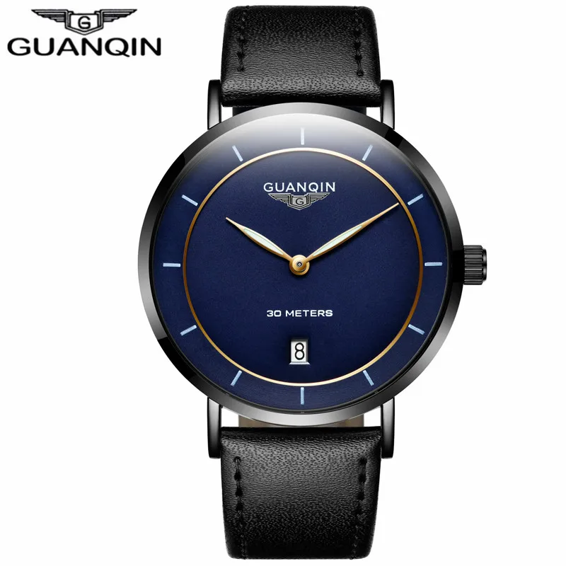 Relogio Masculino GUANQIN простой дизайн мужские s часы лучший бренд класса люкс ультра тонкие кварцевые часы мужские повседневные кожаные Наручные часы - Цвет: Black Blue