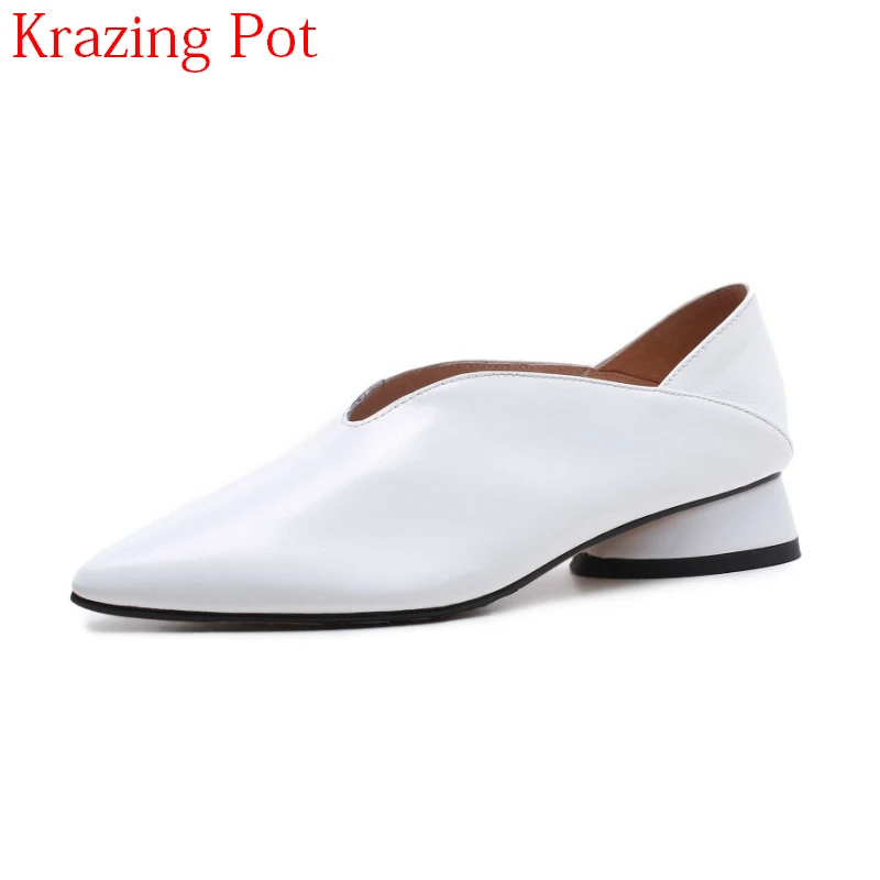 

2018 Fashion Pointed Toe Genuine Leather Slip on Spring Shoes Low Heels Women Pumps Classics Strange Style Office Lady Shoe L4f1