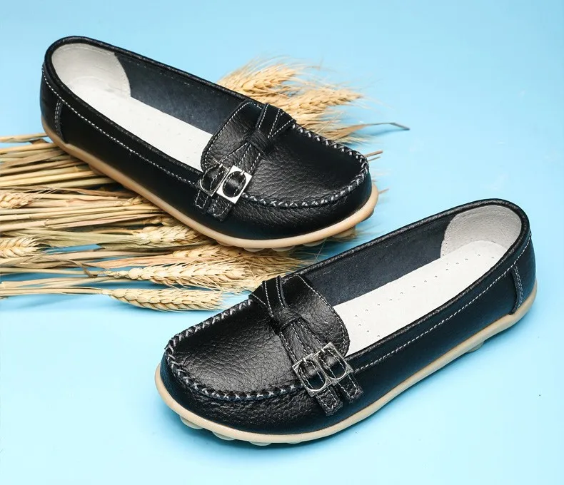 Soft Genuine Leather Shoes Women Slip On Woman Loafers Moccasins Female Flats Casual Women's Buckle Boat Shoe Plush Size 35-41 5