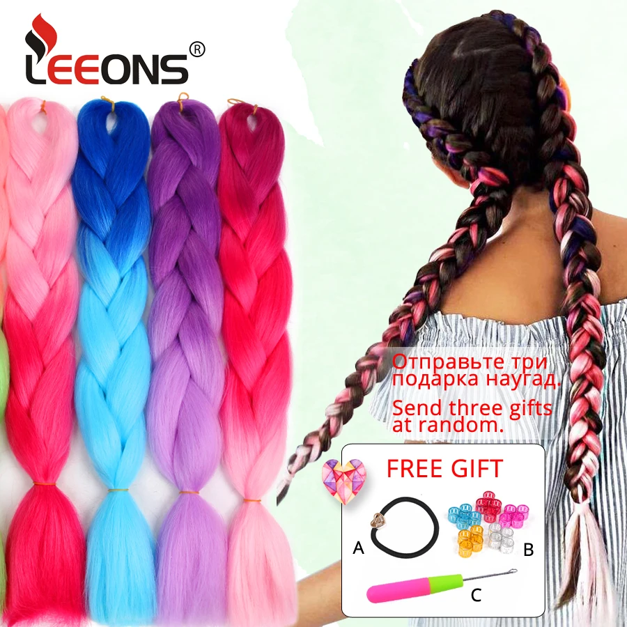 Leeons Фиолетовый Розовый Синий Jumbo Braid Синтетические Ombre Плетение Наращивание Волос 24