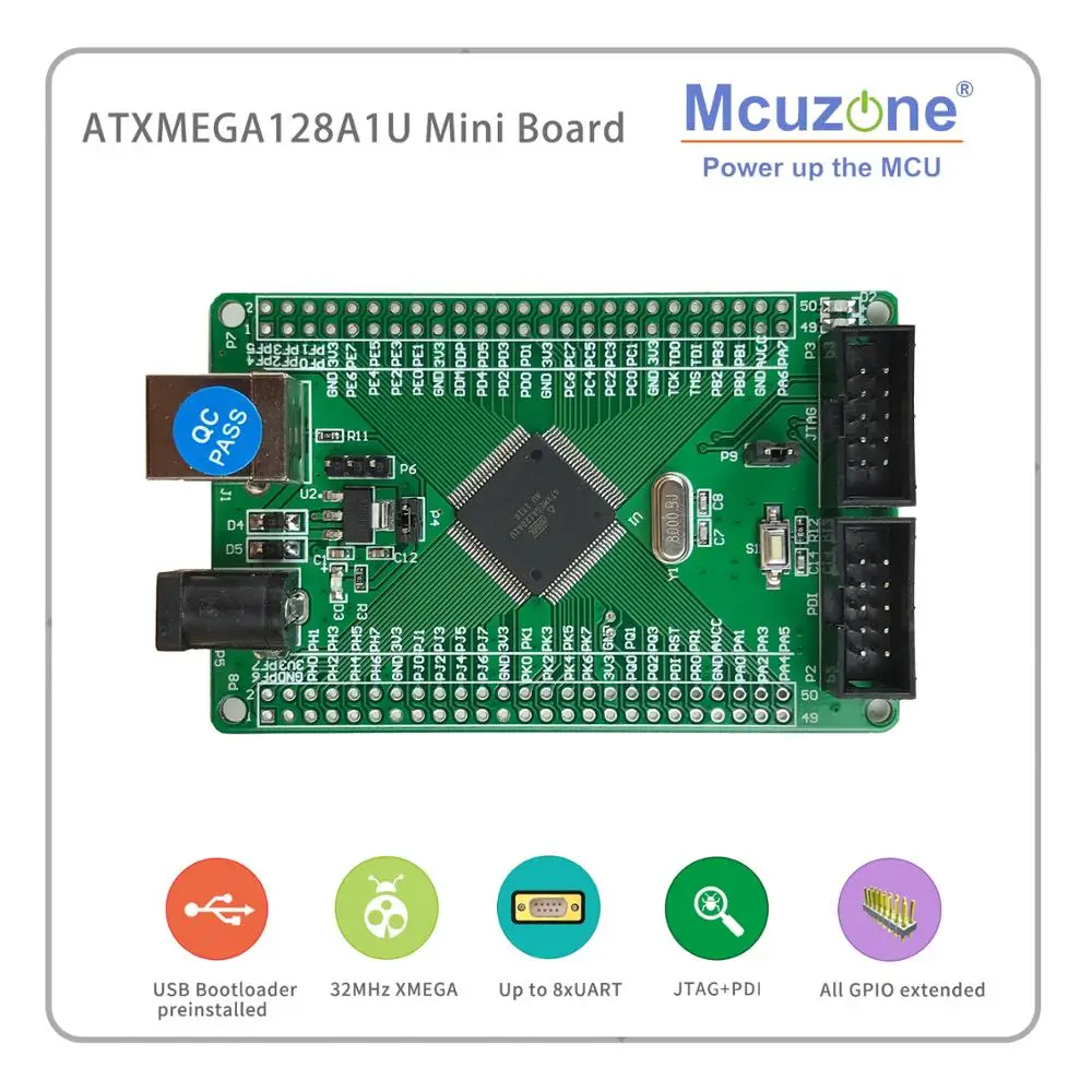 

ATxmega128A1U Mini Board, 12Bit ADC DAC, 8UART, USB Device, JTAG PDI, USB Bootloader preloaded XMEGA128A1 U 128A1U AVR atmel