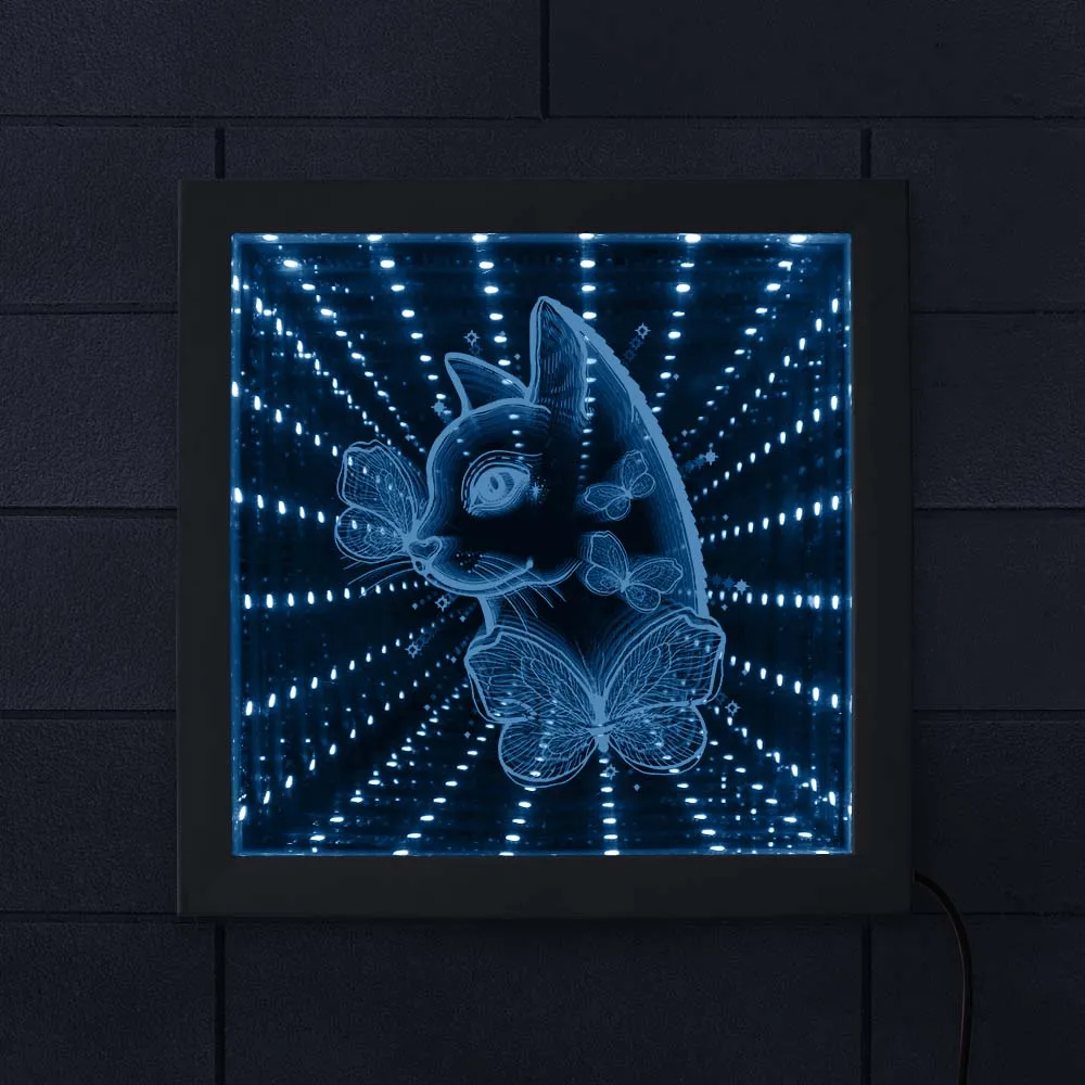 

Cat With Butterfly Color Changing LED Infinity Mirror Frame Cat Lover Gift Cat Portrait Mesmerizing Illusion Living Room Decor