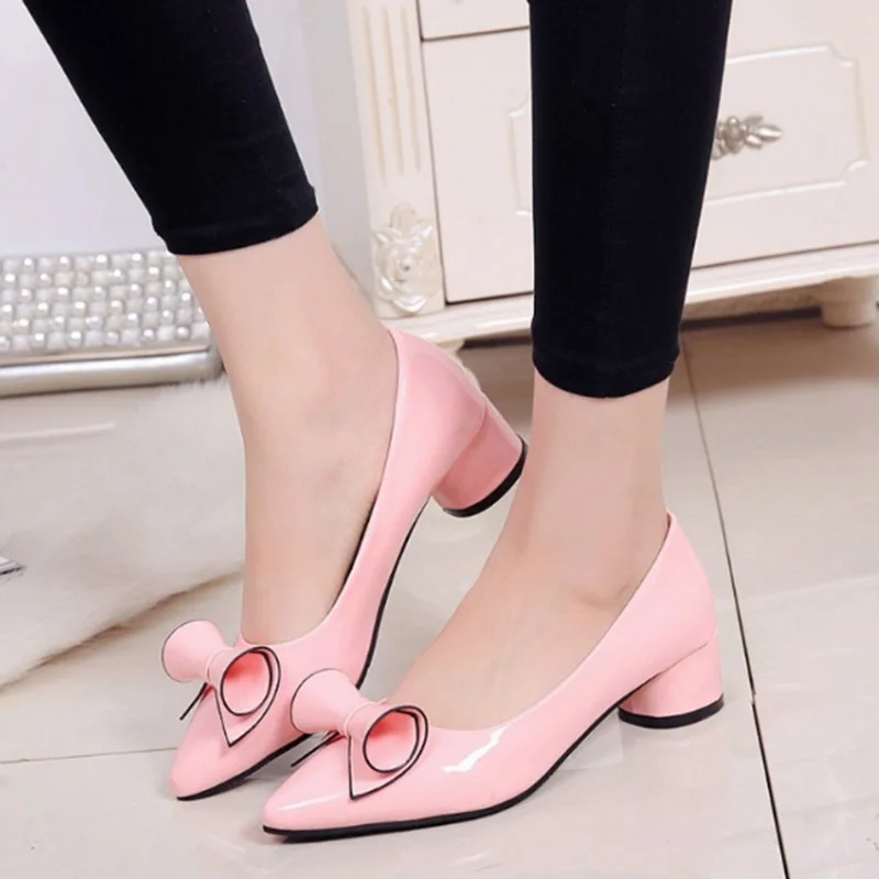 

2017 Summer New Arrival Women Patent Leather Shallow Mouth Single Middle Heels Shoes Pointed Toe Bowknot Single Heels Size 34-40