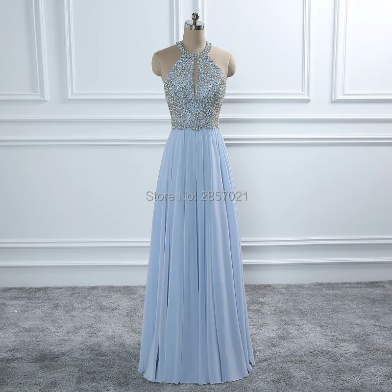 blue halter neck prom dress