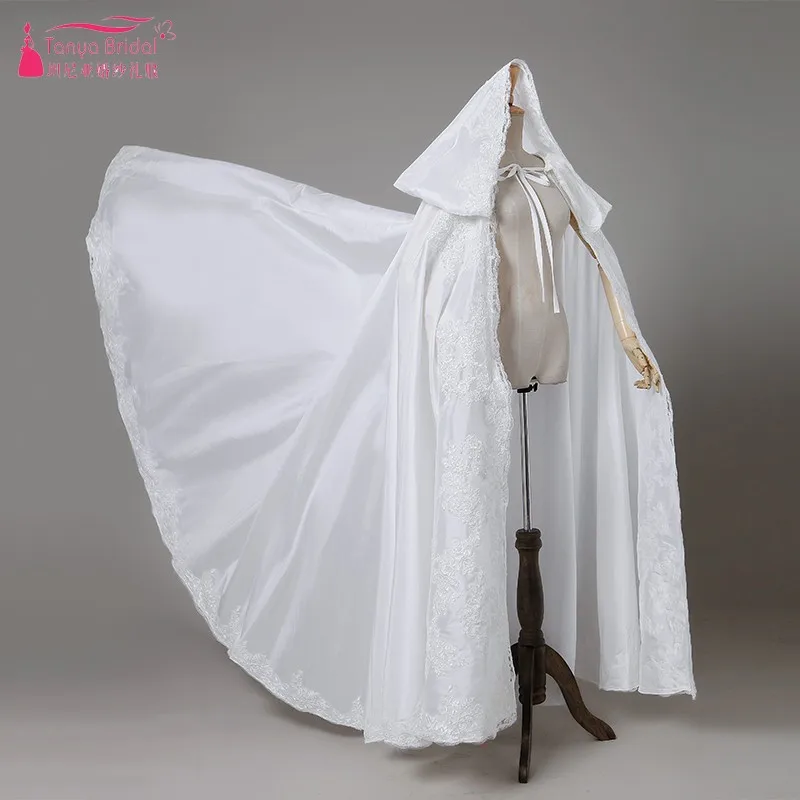 Wedding Cape Ivory Lace Applique Long Taffeta Bridal Bolero Elegant Bride Cloak With Hood DQG449