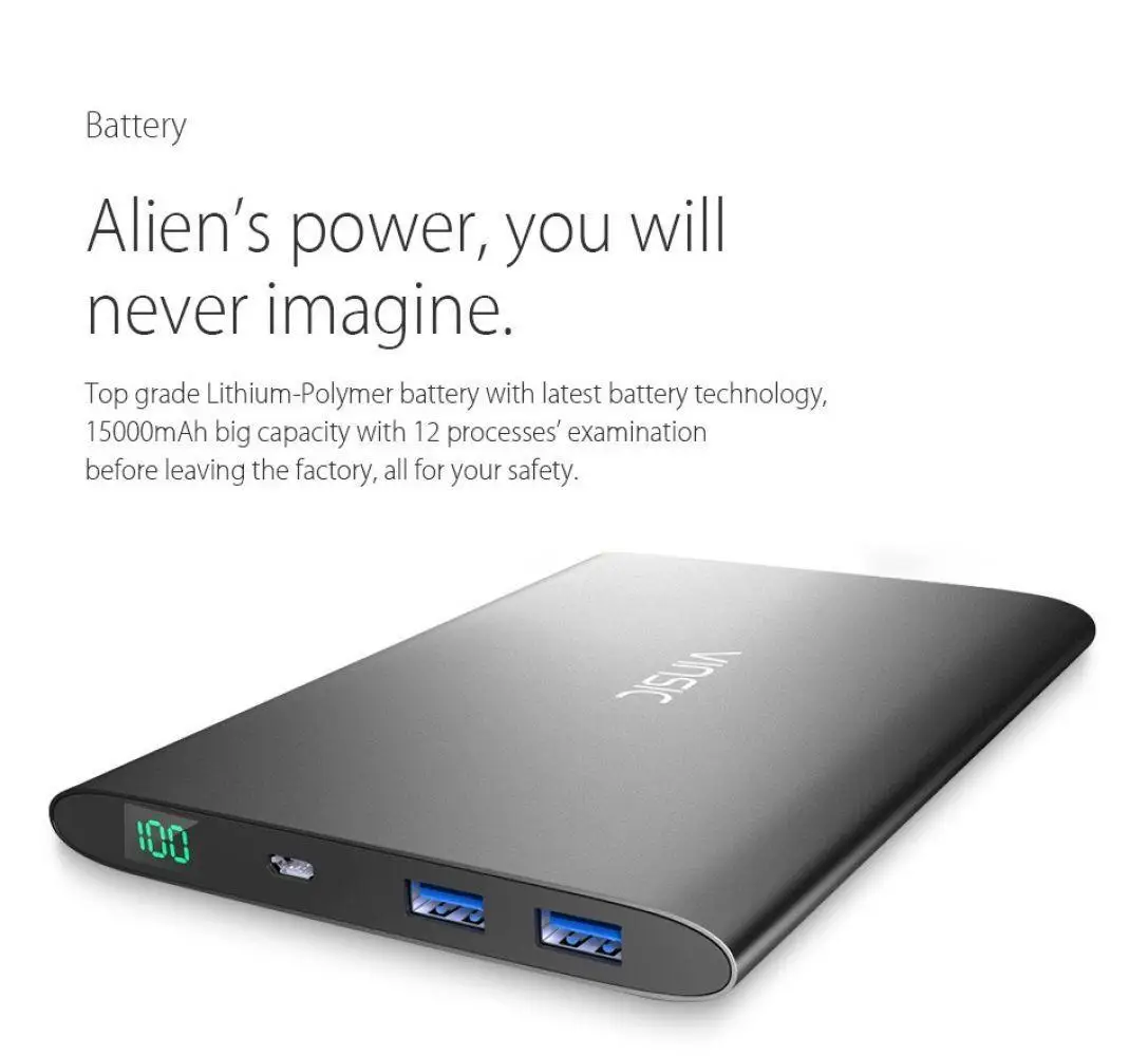 Vinsic Alien P7 ультра тонкий 15000 мАч банк питания Портативный внешний аккумулятор зарядное устройство двойной USB для