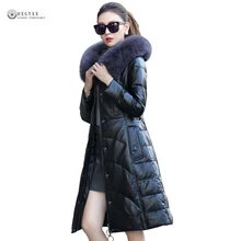 Новинка года; пальто из овчины; женские Зимние Куртки из натуральной кожи с большим лисьим мехом; большие размеры; пуховая верхняя одежда; пальто из натуральной кожи; OK1294