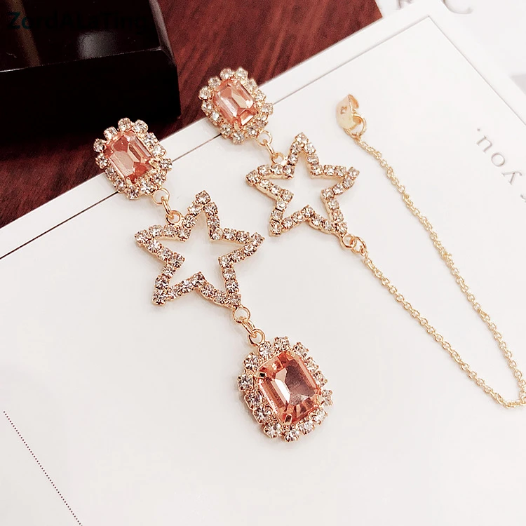 

S925 silver needle asymmetrical pink crystal five-pointed star long earrings for women temperament personality match pendientes