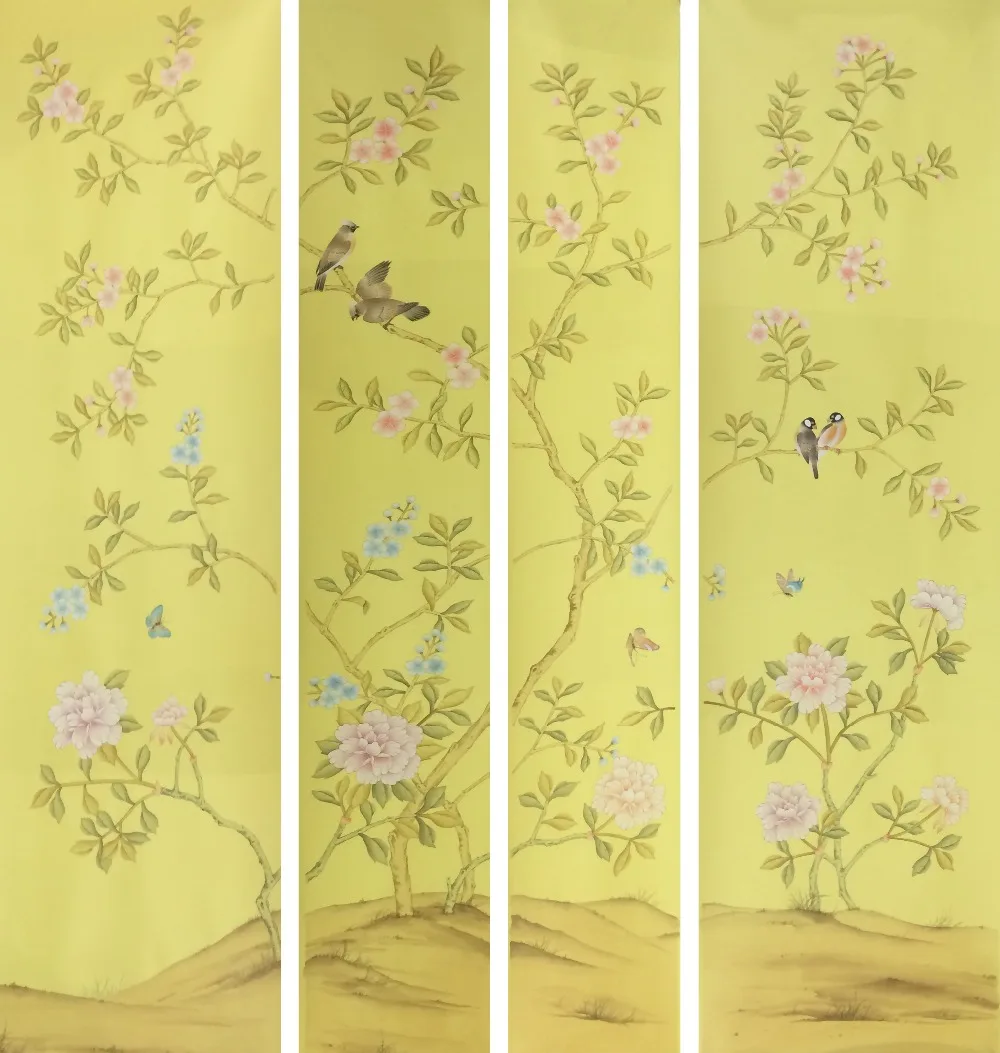 

Classic style elegant Hand-painted silk wallpaper painting flowers with birds wallcovering many patterns and background optional