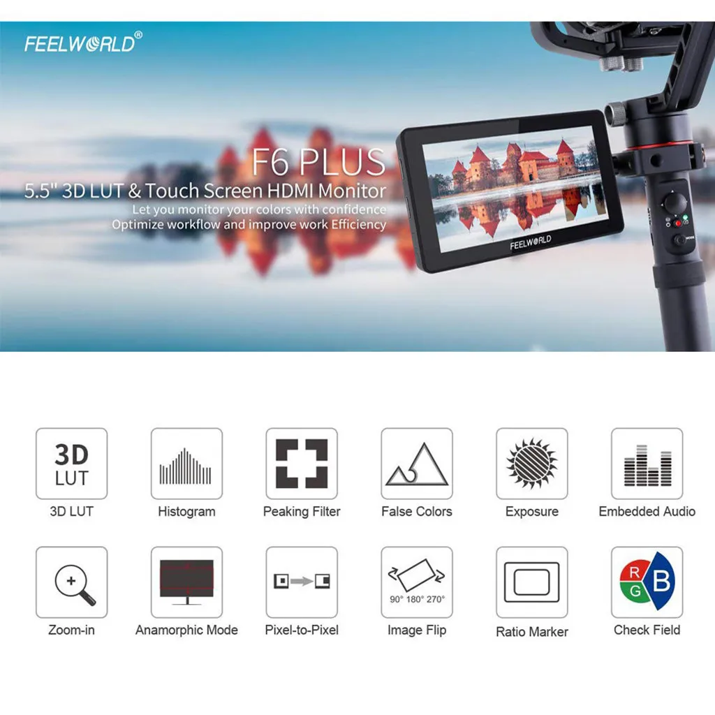 FEELWORLD F6 Plus 5,5 дюймов Suppor 4K 3D DSLR камера полевой монитор 1080P для DSLR камеры s и карданный стабилизатор